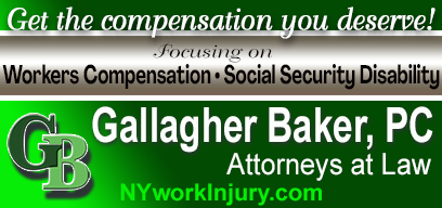 Green banner ad for Gallagher Baker, PC Attorneys at Law, focusing on workers' compensation and Social Security disability; website NYworkInjury.com.